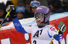 Third placed Tessa Worley of France reacts in finish of second run of women giant slalom race of Audi FIS Alpine skiing World cup 2012-2013 in Semmering, Austria. Women giant slalom race of Audi FIS Alpine skiing World cup was held in Semmering, Austria, on Friday, 28th of December 2012.
