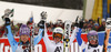 Winner Anna Fenninger of Austria (M), second placed Tina Maze of Slovenia (L) and third placed Tessa Worley of France (R) celebrate their medals won in women giant slalom race of Audi FIS Alpine skiing World cup 2012-2013 in Semmering, Austria. Women giant slalom race of Audi FIS Alpine skiing World cup was held in Semmering, Austria, on Friday, 28th of December 2012.
