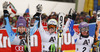 Winner Anna Fenninger of Austria (M), second placed Tina Maze of Slovenia (L) and third placed Tessa Worley of France (R) celebrate their medals won in women giant slalom race of Audi FIS Alpine skiing World cup 2012-2013 in Semmering, Austria. Women giant slalom race of Audi FIS Alpine skiing World cup was held in Semmering, Austria, on Friday, 28th of December 2012.
