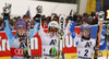 Winner Anna Fenninger of Austria (M), second placed Tina Maze of Slovenia (L) and third placed Tessa Worley of France (R) celebrate their medals won in women giant slalom race of Audi FIS Alpine skiing World cup 2012-2013 in Semmering, Austria. Women giant slalom race of Audi FIS Alpine skiing World cup was held in Semmering, Austria, on Friday, 28th of December 2012.
