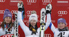 Winner Anna Fenninger of Austria (M), second placed Tina Maze of Slovenia (L) and third placed Tessa Worley of France (R) celebrate their medals won in women giant slalom race of Audi FIS Alpine skiing World cup 2012-2013 in Semmering, Austria. Women giant slalom race of Audi FIS Alpine skiing World cup was held in Semmering, Austria, on Friday, 28th of December 2012.
