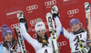 Winner Anna Fenninger of Austria (M), second placed Tina Maze of Slovenia (L) and third placed Tessa Worley of France (R) celebrate their medals won in women giant slalom race of Audi FIS Alpine skiing World cup 2012-2013 in Semmering, Austria. Women giant slalom race of Audi FIS Alpine skiing World cup was held in Semmering, Austria, on Friday, 28th of December 2012.
