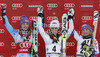 Winner Anna Fenninger of Austria (M), second placed Tina Maze of Slovenia (L) and third placed Tessa Worley of France (R) celebrate their medals won in women giant slalom race of Audi FIS Alpine skiing World cup 2012-2013 in Semmering, Austria. Women giant slalom race of Audi FIS Alpine skiing World cup was held in Semmering, Austria, on Friday, 28th of December 2012.
