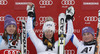 Winner Anna Fenninger of Austria (M), second placed Tina Maze of Slovenia (L) and third placed Tessa Worley of France (R) celebrate their medals won in women giant slalom race of Audi FIS Alpine skiing World cup 2012-2013 in Semmering, Austria. Women giant slalom race of Audi FIS Alpine skiing World cup was held in Semmering, Austria, on Friday, 28th of December 2012.
