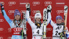 Winner Anna Fenninger of Austria (M), second placed Tina Maze of Slovenia (L) and third placed Tessa Worley of France (R) celebrate their medals won in women giant slalom race of Audi FIS Alpine skiing World cup 2012-2013 in Semmering, Austria. Women giant slalom race of Audi FIS Alpine skiing World cup was held in Semmering, Austria, on Friday, 28th of December 2012.
