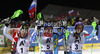 Winner Veronika Velez Zuzulova of Slovakia (M), second placed Kathrin Zettel of Austria (L) and third placed Tina Maze of Slovenia (R) celebrate their medals won in women slalom race of Audi FIS Alpine skiing World cup 2012-2013 in Semmering, Austria. Women slalom race of Audi FIS Alpine skiing World cup was held in Semmering, Austria, on Saturday, 29th of December 2012.
