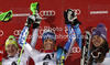 Winner Veronika Velez Zuzulova of Slovakia (M), second placed Kathrin Zettel of Austria (L) and third placed Tina Maze of Slovenia (R) celebrate their medals won in women slalom race of Audi FIS Alpine skiing World cup 2012-2013 in Semmering, Austria. Women slalom race of Audi FIS Alpine skiing World cup was held in Semmering, Austria, on Saturday, 29th of December 2012.

