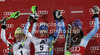 Winner Veronika Velez Zuzulova of Slovakia (M), second placed Kathrin Zettel of Austria (L) and third placed Tina Maze of Slovenia (R) celebrate their medals won in women slalom race of Audi FIS Alpine skiing World cup 2012-2013 in Semmering, Austria. Women slalom race of Audi FIS Alpine skiing World cup was held in Semmering, Austria, on Saturday, 29th of December 2012.
