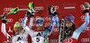 Winner Veronika Velez Zuzulova of Slovakia (M), second placed Kathrin Zettel of Austria (L) and third placed Tina Maze of Slovenia (R) celebrate their medals won in women slalom race of Audi FIS Alpine skiing World cup 2012-2013 in Semmering, Austria. Women slalom race of Audi FIS Alpine skiing World cup was held in Semmering, Austria, on Saturday, 29th of December 2012.
