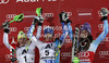 Winner Veronika Velez Zuzulova of Slovakia (M), second placed Kathrin Zettel of Austria (L) and third placed Tina Maze of Slovenia (R) celebrate their medals won in women slalom race of Audi FIS Alpine skiing World cup 2012-2013 in Semmering, Austria. Women slalom race of Audi FIS Alpine skiing World cup was held in Semmering, Austria, on Saturday, 29th of December 2012.
