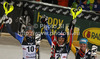 Winner Mikaela Shiffrin of USA (M), second placed Frida Hansdotter of Sweden (L) and third placed Erin Mielzynski of Canada (R) celebrate their medals won in women night slalom Snow Queen Trophy race of Audi FIS Alpine skiing World cup 2012-2013 on Sljeme above Zagreb, Croatia. Women night slalom Snow Queen Trophy race of Audi FIS Alpine skiing World cup was held on Sljeme above Zagreb, Croatia, on Friday, 4th of January 2013.
