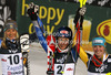 Winner Mikaela Shiffrin of USA (M), second placed Frida Hansdotter of Sweden (L) and third placed Erin Mielzynski of Canada (R) celebrate their medals won in women night slalom Snow Queen Trophy race of Audi FIS Alpine skiing World cup 2012-2013 on Sljeme above Zagreb, Croatia. Women night slalom Snow Queen Trophy race of Audi FIS Alpine skiing World cup was held on Sljeme above Zagreb, Croatia, on Friday, 4th of January 2013.
