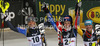 Winner Mikaela Shiffrin of USA (M), second placed Frida Hansdotter of Sweden (L) and third placed Erin Mielzynski of Canada (R) celebrate their medals won in women night slalom Snow Queen Trophy race of Audi FIS Alpine skiing World cup 2012-2013 on Sljeme above Zagreb, Croatia. Women night slalom Snow Queen Trophy race of Audi FIS Alpine skiing World cup was held on Sljeme above Zagreb, Croatia, on Friday, 4th of January 2013.
