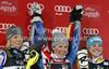 Winner Mikaela Shiffrin of USA (M), second placed Frida Hansdotter of Sweden (L) and third placed Erin Mielzynski of Canada (R) celebrate their medals won in women night slalom Snow Queen Trophy race of Audi FIS Alpine skiing World cup 2012-2013 on Sljeme above Zagreb, Croatia. Women night slalom Snow Queen Trophy race of Audi FIS Alpine skiing World cup was held on Sljeme above Zagreb, Croatia, on Friday, 4th of January 2013.
