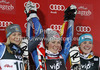 Winner Mikaela Shiffrin of USA (M), second placed Frida Hansdotter of Sweden (L) and third placed Erin Mielzynski of Canada (R) celebrate their medals won in women night slalom Snow Queen Trophy race of Audi FIS Alpine skiing World cup 2012-2013 on Sljeme above Zagreb, Croatia. Women night slalom Snow Queen Trophy race of Audi FIS Alpine skiing World cup was held on Sljeme above Zagreb, Croatia, on Friday, 4th of January 2013.
