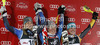 Winner Mikaela Shiffrin of USA (M), second placed Frida Hansdotter of Sweden (L) and third placed Erin Mielzynski of Canada (R) celebrate their medals won in women night slalom Snow Queen Trophy race of Audi FIS Alpine skiing World cup 2012-2013 on Sljeme above Zagreb, Croatia. Women night slalom Snow Queen Trophy race of Audi FIS Alpine skiing World cup was held on Sljeme above Zagreb, Croatia, on Friday, 4th of January 2013.
