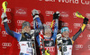 Winner Mikaela Shiffrin of USA (M), second placed Frida Hansdotter of Sweden (L) and third placed Erin Mielzynski of Canada (R) celebrate their medals won in women night slalom Snow Queen Trophy race of Audi FIS Alpine skiing World cup 2012-2013 on Sljeme above Zagreb, Croatia. Women night slalom Snow Queen Trophy race of Audi FIS Alpine skiing World cup was held on Sljeme above Zagreb, Croatia, on Friday, 4th of January 2013.
