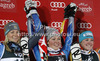 Winner Mikaela Shiffrin of USA (M), second placed Frida Hansdotter of Sweden (L) and third placed Erin Mielzynski of Canada (R) celebrate their medals won in women night slalom Snow Queen Trophy race of Audi FIS Alpine skiing World cup 2012-2013 on Sljeme above Zagreb, Croatia. Women night slalom Snow Queen Trophy race of Audi FIS Alpine skiing World cup was held on Sljeme above Zagreb, Croatia, on Friday, 4th of January 2013.
