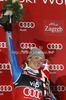 Winner Mikaela Shiffrin of USA celebrates her medal won in women night slalom Snow Queen Trophy race of Audi FIS Alpine skiing World cup 2012-2013 on Sljeme above Zagreb, Croatia. Women night slalom Snow Queen Trophy race of Audi FIS Alpine skiing World cup was held on Sljeme above Zagreb, Croatia, on Friday, 4th of January 2013.
