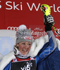 Winner Mikaela Shiffrin of USA celebrates her medal won in women night slalom Snow Queen Trophy race of Audi FIS Alpine skiing World cup 2012-2013 on Sljeme above Zagreb, Croatia. Women night slalom Snow Queen Trophy race of Audi FIS Alpine skiing World cup was held on Sljeme above Zagreb, Croatia, on Friday, 4th of January 2013.
