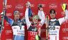 Winner Marcel Hirscher of Austria (M), second placed Andre Myhrer of Sweden (L) and third placed Mario Matt of Austria (R) celebrate their medals won in men slalom Snow Queen Trophy race of Audi FIS Alpine skiing World cup 2012-2013 on Sljeme above Zagreb, Croatia. Men slalom Snow Queen Trophy race of Audi FIS Alpine skiing World cup was held on Sljeme above Zagreb, Croatia, on Sunday, 6th of January 2013.
