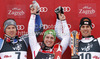 Winner Marcel Hirscher of Austria (M), second placed Andre Myhrer of Sweden (L) and third placed Mario Matt of Austria (R) celebrate their medals won in men slalom Snow Queen Trophy race of Audi FIS Alpine skiing World cup 2012-2013 on Sljeme above Zagreb, Croatia. Men slalom Snow Queen Trophy race of Audi FIS Alpine skiing World cup was held on Sljeme above Zagreb, Croatia, on Sunday, 6th of January 2013.
