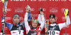 Winner Marcel Hirscher of Austria (M), second placed Andre Myhrer of Sweden (L) and third placed Mario Matt of Austria (R) celebrate their medals won in men slalom Snow Queen Trophy race of Audi FIS Alpine skiing World cup 2012-2013 on Sljeme above Zagreb, Croatia. Men slalom Snow Queen Trophy race of Audi FIS Alpine skiing World cup was held on Sljeme above Zagreb, Croatia, on Sunday, 6th of January 2013.
