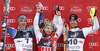 Winner Marcel Hirscher of Austria (M), second placed Andre Myhrer of Sweden (L) and third placed Mario Matt of Austria (R) celebrate their medals won in men slalom Snow Queen Trophy race of Audi FIS Alpine skiing World cup 2012-2013 on Sljeme above Zagreb, Croatia. Men slalom Snow Queen Trophy race of Audi FIS Alpine skiing World cup was held on Sljeme above Zagreb, Croatia, on Sunday, 6th of January 2013.
