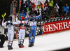 Winner Marcel Hirscher of Austria (M), second placed Andre Myhrer of Sweden (R) and third placed Mario Matt of Austria celebrate their medals and posing for photographers in finish of second run of men slalom Snow Queen Trophy race of Audi FIS Alpine skiing World cup 2012-2013 on Sljeme above Zagreb, Croatia. Men slalom Snow Queen Trophy race of Audi FIS Alpine skiing World cup was held on Sljeme above Zagreb, Croatia, on Sunday, 6th of January 2013.
