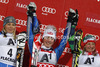 Winner Mikaela Shiffrin of USA (M), second placed Frida Hansdotter of Sweden (L) and third placed Tanja Poutiainen of Finland (R) celebrate their medals won in women night slalom race of Audi FIS Alpine skiing World cup 2012-2013 in Flachau, Austria. Women night slalom race of Audi FIS Alpine skiing World cup was held Flachau, Austria, on Tuesday, 15th of January 2013.
