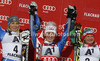 Winner Mikaela Shiffrin of USA (M), second placed Frida Hansdotter of Sweden (L) and third placed Tanja Poutiainen of Finland (R) celebrate their medals won in women night slalom race of Audi FIS Alpine skiing World cup 2012-2013 in Flachau, Austria. Women night slalom race of Audi FIS Alpine skiing World cup was held Flachau, Austria, on Tuesday, 15th of January 2013.
