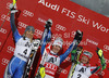 Winner Mikaela Shiffrin of USA (M), second placed Frida Hansdotter of Sweden (L) and third placed Tanja Poutiainen of Finland (R) celebrate their medals won in women night slalom race of Audi FIS Alpine skiing World cup 2012-2013 in Flachau, Austria. Women night slalom race of Audi FIS Alpine skiing World cup was held Flachau, Austria, on Tuesday, 15th of January 2013.

