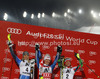 Winner Mikaela Shiffrin of USA (M), second placed Frida Hansdotter of Sweden (L) and third placed Tanja Poutiainen of Finland (R) celebrate their medals won in women night slalom race of Audi FIS Alpine skiing World cup 2012-2013 in Flachau, Austria. Women night slalom race of Audi FIS Alpine skiing World cup was held Flachau, Austria, on Tuesday, 15th of January 2013.
