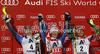 Winner Mikaela Shiffrin of USA (M), second placed Frida Hansdotter of Sweden (L) and third placed Tanja Poutiainen of Finland (R) celebrate their medals won in women night slalom race of Audi FIS Alpine skiing World cup 2012-2013 in Flachau, Austria. Women night slalom race of Audi FIS Alpine skiing World cup was held Flachau, Austria, on Tuesday, 15th of January 2013.

