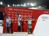 Winner Mikaela Shiffrin of USA (M), second placed Frida Hansdotter of Sweden (L) and third placed Tanja Poutiainen of Finland (R) celebrate their medals won in women night slalom race of Audi FIS Alpine skiing World cup 2012-2013 in Flachau, Austria. Women night slalom race of Audi FIS Alpine skiing World cup was held Flachau, Austria, on Tuesday, 15th of January 2013.
