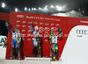 Winner Mikaela Shiffrin of USA (M), second placed Frida Hansdotter of Sweden (L) and third placed Tanja Poutiainen of Finland (R) celebrate their medals won in women night slalom race of Audi FIS Alpine skiing World cup 2012-2013 in Flachau, Austria. Women night slalom race of Audi FIS Alpine skiing World cup was held Flachau, Austria, on Tuesday, 15th of January 2013.
