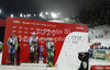 Winner Mikaela Shiffrin of USA (M), second placed Frida Hansdotter of Sweden (L) and third placed Tanja Poutiainen of Finland (R) celebrate their medals won in women night slalom race of Audi FIS Alpine skiing World cup 2012-2013 in Flachau, Austria. Women night slalom race of Audi FIS Alpine skiing World cup was held Flachau, Austria, on Tuesday, 15th of January 2013.
