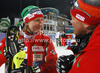 Third placed Tanja Poutiainen of Finland (L) discussing race with her coach Christian Bruesch after placing third in women night slalom race of Audi FIS Alpine skiing World cup 2012-2013 in Flachau, Austria. Women night slalom race of Audi FIS Alpine skiing World cup was held Flachau, Austria, on Tuesday, 15th of January 2013.
