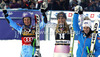 Winner Lindsey Vonn of USA (M), second placed Tina Maze of Slovenia (L) and third placed Anna Fenninger of Austria (R) celebrate their medals in finish of second run of women giant slalom Golden Fox trophy race of Audi FIS Alpine skiing World cup 2012-2013 in Maribor, Slovenia. Women giant slalom race of Audi FIS Alpine skiing World cup was held in Maribor, Slovenia, on Saturday, 26th of January 2013.
