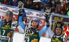 Winner Tina Maze of Slovenia (M), second placed Frida Hansdotter of Sweden (L) and third placed Kathrin Zettel of Austria (R) celebrate their medals in finish of second run of women slalom Golden Fox trophy race of Audi FIS Alpine skiing World cup 2012-2013 in Maribor, Slovenia. Women slalom race of Audi FIS Alpine skiing World cup was held in Maribor, Slovenia, on Sunday, 27th of January 2013.
