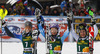 Winner Tina Maze of Slovenia (M), second placed Frida Hansdotter of Sweden (L) and third placed Kathrin Zettel of Austria (R) celebrate their medals in finish of second run of women slalom Golden Fox trophy race of Audi FIS Alpine skiing World cup 2012-2013 in Maribor, Slovenia. Women slalom race of Audi FIS Alpine skiing World cup was held in Maribor, Slovenia, on Sunday, 27th of January 2013.
