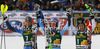 Winner Tina Maze of Slovenia (M), second placed Frida Hansdotter of Sweden (L) and third placed Kathrin Zettel of Austria (R) celebrate their medals in finish of second run of women slalom Golden Fox trophy race of Audi FIS Alpine skiing World cup 2012-2013 in Maribor, Slovenia. Women slalom race of Audi FIS Alpine skiing World cup was held in Maribor, Slovenia, on Sunday, 27th of January 2013.
