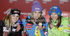 Winner and new super-g World champion Tina Maze of Slovenia (M), second placed Lara Gut of Switzerland (L) and third placed Julia Mancuso of USA (R) celebrate their medals won in women Super-g race of FIS Alpine skiing World Championships in Schladming, Austria. Women super-g race of FIS Alpine skiing World championships Schladming 2013, was held in Scladming, Austria, on Tuesday, 5th of February 2013.
