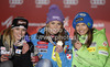 Winner and new super-g World champion Tina Maze of Slovenia (M), second placed Lara Gut of Switzerland (L) and third placed Julia Mancuso of USA (R) celebrate their medals won in women Super-g race of FIS Alpine skiing World Championships in Schladming, Austria. Women super-g race of FIS Alpine skiing World championships Schladming 2013, was held in Scladming, Austria, on Tuesday, 5th of February 2013.
