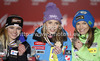 Winner and new super-g World champion Tina Maze of Slovenia (M), second placed Lara Gut of Switzerland (L) and third placed Julia Mancuso of USA (R) celebrate their medals won in women Super-g race of FIS Alpine skiing World Championships in Schladming, Austria. Women super-g race of FIS Alpine skiing World championships Schladming 2013, was held in Scladming, Austria, on Tuesday, 5th of February 2013.
