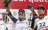Winner Ted Ligety of USA (M), second placed Gauthier De Tessieres of France (L) and third placed Aksel Lund Svindal of Norway (R) celebrate their medals in finish of men Super-g race of FIS Alpine skiing World Championships in Schladming, Austria. Men super-g race of FIS Alpine skiing World championships Schladming 2013, was held in Scladming, Austria, on Wednesday, 6th of February 2013.
