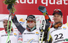 Winner Ted Ligety of USA (M), second placed Gauthier De Tessieres of France (L) and third placed Aksel Lund Svindal of Norway (R) celebrate their medals in finish of men Super-g race of FIS Alpine skiing World Championships in Schladming, Austria. Men super-g race of FIS Alpine skiing World championships Schladming 2013, was held in Scladming, Austria, on Wednesday, 6th of February 2013.
