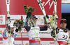 Winner Ted Ligety of USA (M), second placed Gauthier De Tessieres of France (L) and third placed Aksel Lund Svindal of Norway (R) celebrate their medals in finish of men Super-g race of FIS Alpine skiing World Championships in Schladming, Austria. Men super-g race of FIS Alpine skiing World championships Schladming 2013, was held in Scladming, Austria, on Wednesday, 6th of February 2013.
