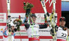 Winner Ted Ligety of USA (M), second placed Gauthier De Tessieres of France (L) and third placed Aksel Lund Svindal of Norway (R) celebrate their medals in finish of men Super-g race of FIS Alpine skiing World Championships in Schladming, Austria. Men super-g race of FIS Alpine skiing World championships Schladming 2013, was held in Scladming, Austria, on Wednesday, 6th of February 2013.
