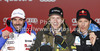 Winner Ted Ligety of USA (M), second placed Gauthier De Tessieres of France (L) and third placed Aksel Lund Svindal of Norway (R) celebrate their medals won in men Super-g race of FIS Alpine skiing World Championships in Schladming, Austria. Men super-g race of FIS Alpine skiing World championships Schladming 2013, was held in Scladming, Austria, on Wednesday, 6th of February 2013.
